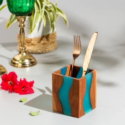 Handcrafted Epoxy Resin & Wooden Cutlery Holder –  Premium Tabletop Organizer