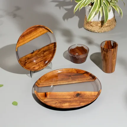 Handcrafted Wooden & Epoxy Dinnerware Set –  Designer Plates, Bowl & Tumbler