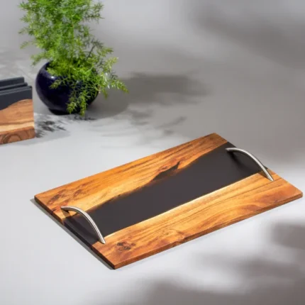 Handcrafted Rectangular Epoxy Resin and Wood  Serving Tray – Acacia Wood with Black Resin &  Stainless Steel Handles for Home, Bar & Gifting