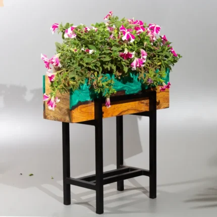 Handcrafted Wooden & Resin Planter Box with Stand  – Decorative Indoor/Outdoor Flower Pot for Balcony,  Patio, or Home Garden