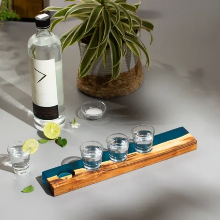 Handcrafted Wooden & Resin Shot Glass Holder  – Rustic Bar Tray for Tequila, Whiskey & Party  Drinks (3 Glass Slots)