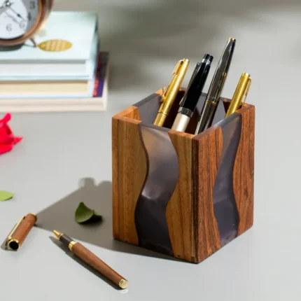 Wood and Resin Pen Stand – Handcrafted  Desk Organizer for Office, Study & Home